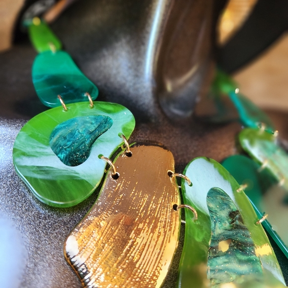 Green, Blue and Goldtone Statement Necklace with Earrings Set - Picture 7 of 16